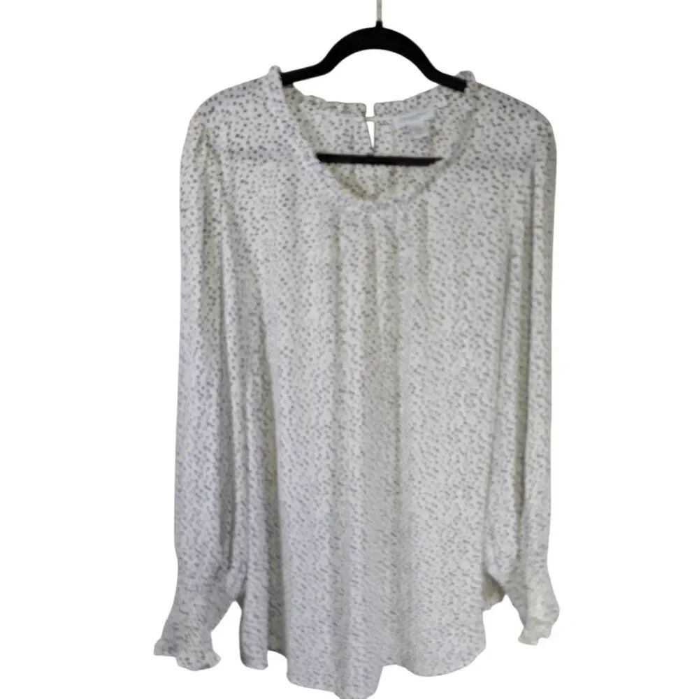 Carolina Belle Women's Blouse White Polka Dots Tunic Long Sleeve Pleated Women's